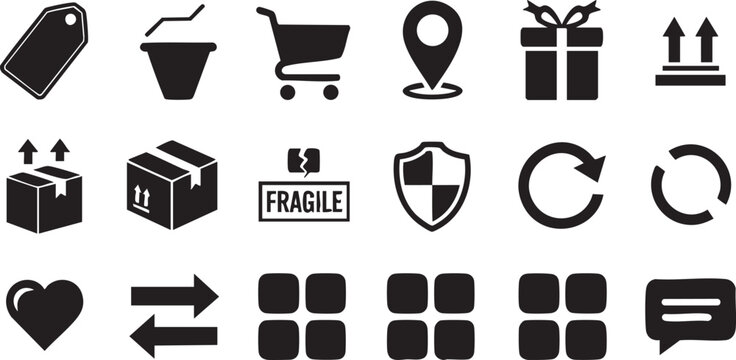 Ecommerce and delivery icons set shopping cart, package, location, and tag