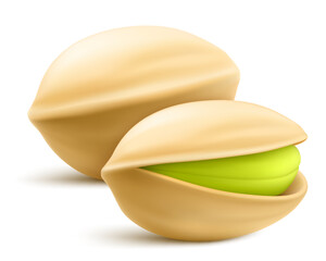 Realistic pistachio with shadow in 3d style. Roasted pistachios in shell isolated on white background. Natural organic food. Design element for nuts packaging, advertising, etc. Vector illustration.