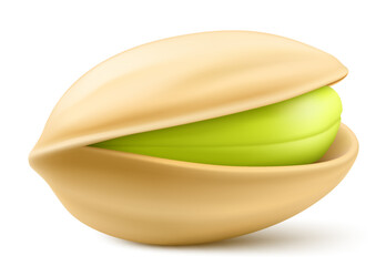 Realistic pistachio with shadow in 3d style. Roasted pistachios in shell isolated on white background. Natural organic food. Design element for nuts packaging, advertising, etc. Vector illustration.