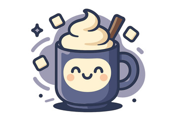 Obraz premium Whimsical Winter Mug. Cute cocoa character. Front view of happy mug with whipped cream smile, tiny cinnamon