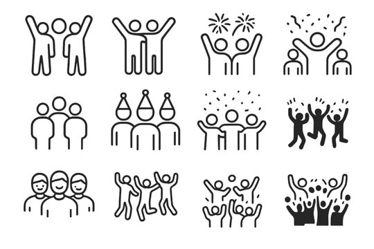 Joyful Celebration Icons. Joyful celebration. Line outline icon set of joyful celebration: people raising