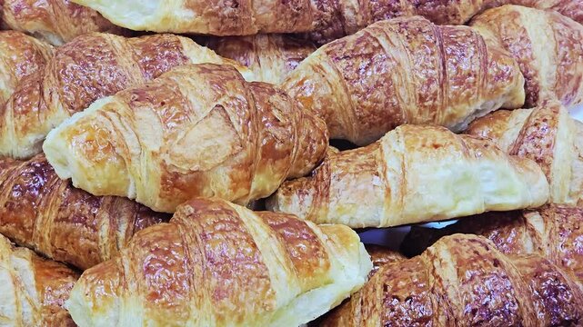 ​Close-up of a generous pile of perfectly golden-brown, flaky, and buttery French croissants, hot from the oven. Ideal for food, bakery, or breakfast visuals. 4k video