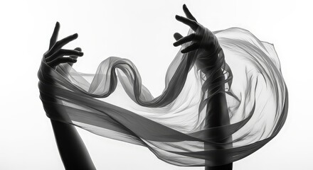 Elegant silhouette of hands with flowing fabric against a white background