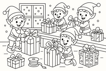 Elves' Gift Workshop. Christmas workshop elves children’s coloring book illustration, outlined drawing, small