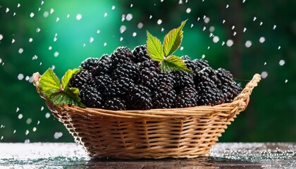 a basket of blackberries on the table against a green background with water droplets and raindrops a fresh scene captured in high definition photography suitable for commercial use