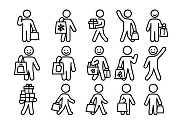 Joyful Shopping Icons. Shopping joy. Line outline icon set of shopping joy: person holding shopping bag,