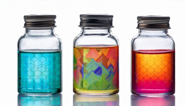 a clear glass vial filled with colorful liquid and geometric patterns isolated on white background