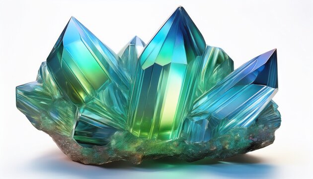 a faceted iridescent crystal with vibrant green and blue hues isolated on white background