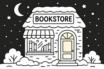 Obraz premium Winter Bookstore Coloring. Winter bookstore night children’s coloring book illustration, outlined drawing,