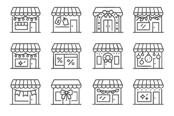 Fototapeta premium Festive Store Icons. Festive store display. Line outline icon set of festive store display: store with