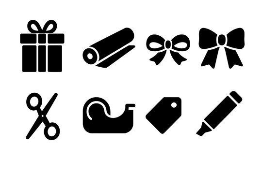 Gift Wrapping Icons. Wrapping Workshop. Filled icon set of Wrapping Workshop: gift box, wrapping paper roll,