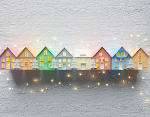 Paper Craft Houses in Snowy Winter on White Plaster Wall with Lighting, Generative AI