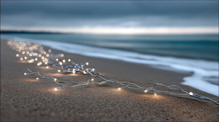 Soft lighting on beach with glowing string lights creates dreamy atmosphere along shoreline under cloudy sky
