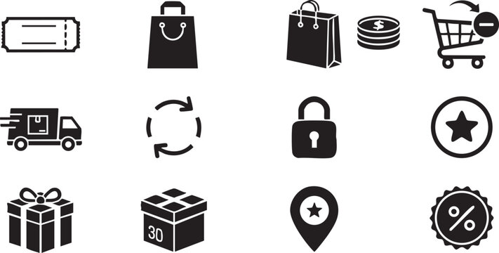 Set of ecommerce and shopping icons including cart, delivery, gift, and discount