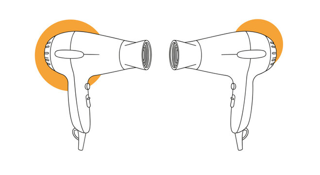 Pair of simple line art hair dryers with orange color accents a minimalist illustration for beauty salon or personal care themes.