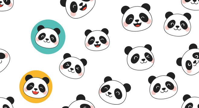 Adorable and cute seamless pattern of happy cartoon panda faces with colorful circles a sweet animal background for children's designs.