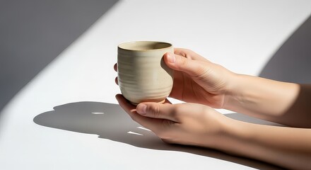 Hands holding a ceramic cup on a white surface with natural sunlight shadows