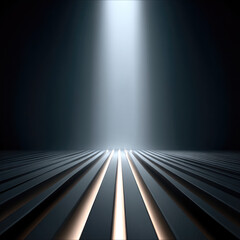 Fototapeta premium Symmetrical futuristic background with dramatic light beam, metallic floor, abstract lines, modern minimal design, mysterious atmosphere