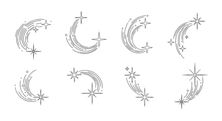 Collection of eight hand-drawn shooting stars and comets in a delicate black line art style for celestial and magical designs.