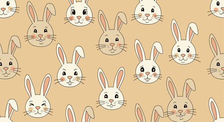 Seamless pattern background featuring adorable cartoon rabbit faces with various cute expressions on a soft pastel beige color.