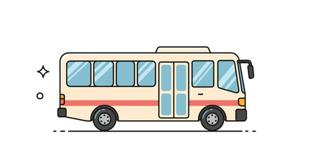 Simple and clean cartoon illustration of a beige passenger bus with a red stripe isolated on a white background with sparkles.