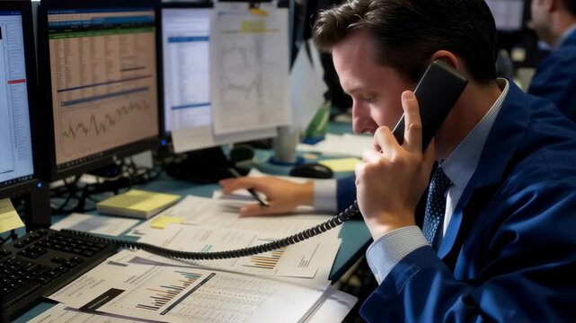 Male stock trader on phone consults data at office, financial market operations with multiple screens, business broker professional footage.