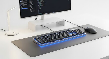 Modern computer desk setup monitor keyboard mouse and lamp on white surface