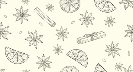 Seamless pattern background with hand-drawn winter spices including star anise cinnamon sticks and dried orange slices vector.