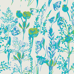 Romantic floral print with wildflowers sketch. Seamless pattern, gentle botanical background with various small flowers. Vector illustration.