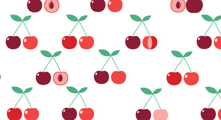 Seamless pattern background with cute and simple cartoon cherry illustrations in various shades of red on a white backdrop.