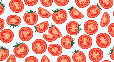 Seamless pattern with ripe red tomatoes and sliced tomatoes a healthy vegetable ingredient for cooking and salads on a light background.