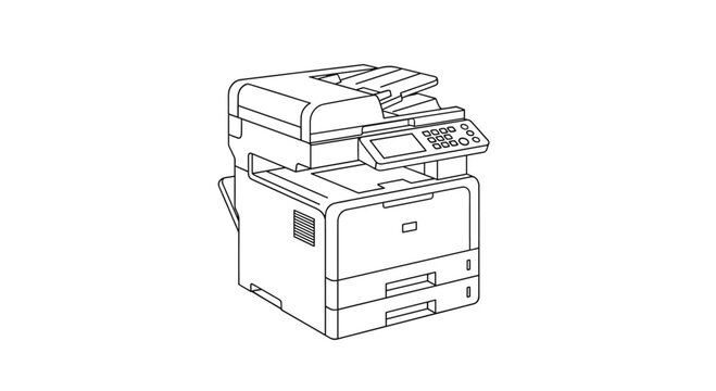 Simple black line art illustration of a modern office multifunction printer and copier machine isolated on a white background.