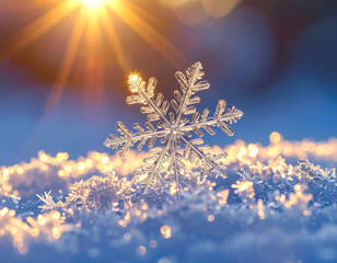 Beautiful snowflakes shining like stars in the sunlight during winter morning