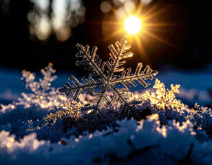 Snowflakes shimmering in sunlight create a magical winter landscape