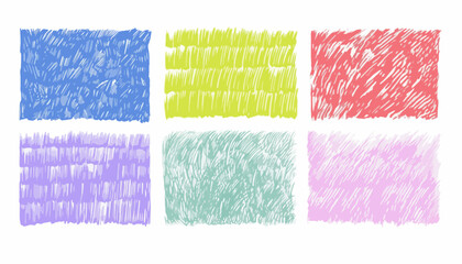 Vibrant collection of hand-drawn scribble texture swatches in various bright colors, perfect for artistic backgrounds, decorative elements, and playful graphic design projects