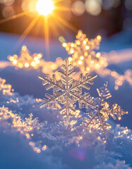 Snowflakes shaped like stars illuminated by sunlight in a winter landscape
