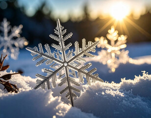 Snowflake shapes illuminated by sunlight create a magical winter scene