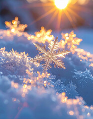 Beautiful star-shaped snowflakes illuminated by the golden sun in a winter wonderland