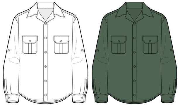 mens long sleeve safari shirt flat sketch vector illustration technical cad drawing template