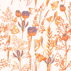 Romantic floral print with wildflowers sketch. Seamless pattern, gentle botanical background with various small flowers. Vector illustration.