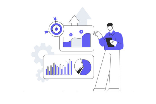 Dashboard statistics, business finance report. Big data, monitoring investments. Man analyst working  analyzing chart growth and site statistic. Flat Cartoon Vector Illustration, icon Stylish web