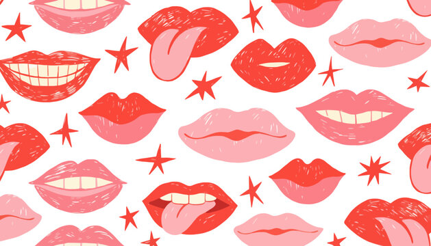 Abstract seamless pattern of colorful lips and stars with playful expressions