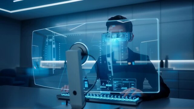 Man in futuristic glasses working on a transparent touchscreen computer in a modern office, virtual interface and data analysis animation.