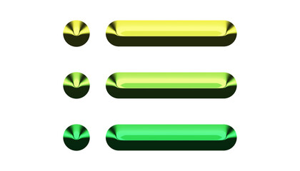 Three glossy green buttons isolated on transparent background, each with a unique shade, arranged vertically, and featuring a sleek, modern design