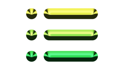 Three glossy green buttons isolated on transparent background, each with a unique shade, arranged vertically, and featuring a sleek, modern design