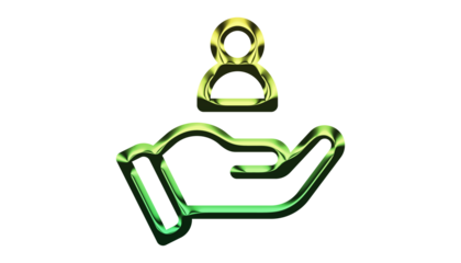 A metallic green and gold icon depicting a hand offering or supporting a person, isolated on transparent background, symbolizing care and assistance