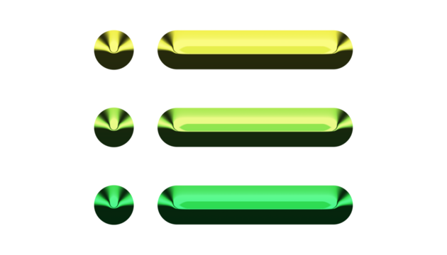 Three glossy green buttons isolated on transparent background, each with a unique shade, arranged vertically, and featuring a sleek, modern design