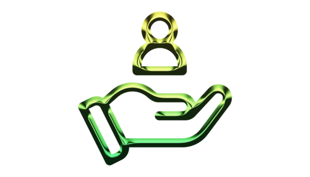 A metallic green and gold icon depicting a hand offering or supporting a person, isolated on transparent background, symbolizing care and assistance