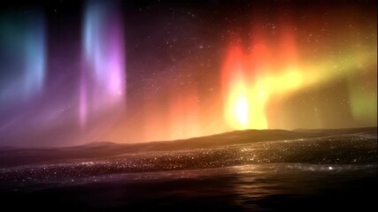 Aurora borealis illuminating night sky over dark horizon. Colorful northern lights shifting in vibrant hues. Natural atmospheric phenomenon and scenic landscape sequence. - Powered by Adobe