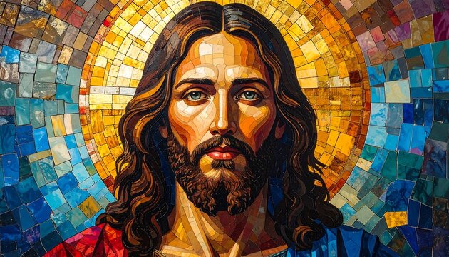 Portrait of a man with a beard, centered against a stained-glass halo